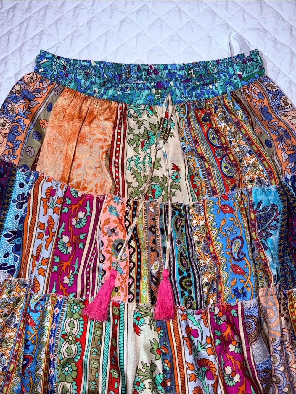 Boho Tiered Patchwork Maxi Skirt - Pink Multicolor